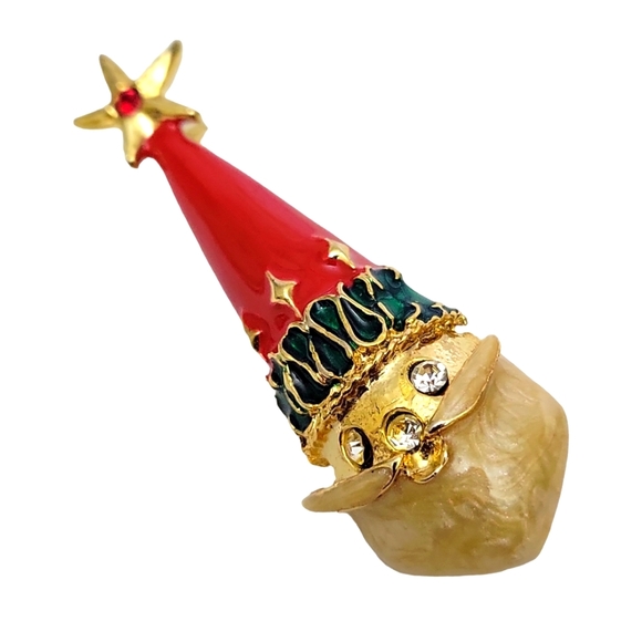 Santa Pearlized Enamel Brooch Pin Beard Garnet Star Vtg Fashion Jewelry 2.25" - Picture 2 of 6